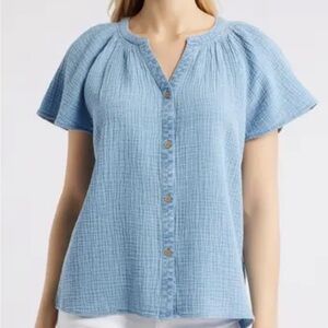 Beach Lunch Lounge Gauze Cotton Lark Blue Acid Wash Button-Up Short Sleeve Shirt